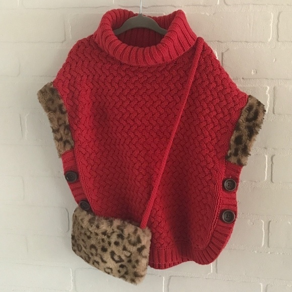Aspen Cutest Capelet EVER Cape Red Twn brown leopard faux fur Girl Sz S - Picture 1 of 9